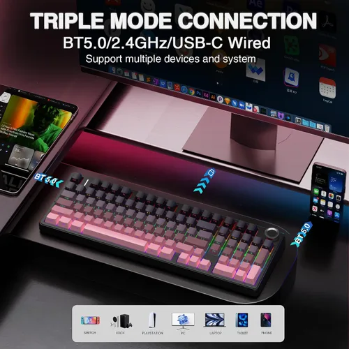 Vista 3 de AULA Teclado mecánico inalámbrico F99 Pro con perilla, Tri-Mode BT5.0USB-C2.4GHz Teclado intercambiable en caliente, estructura de junta, sonido