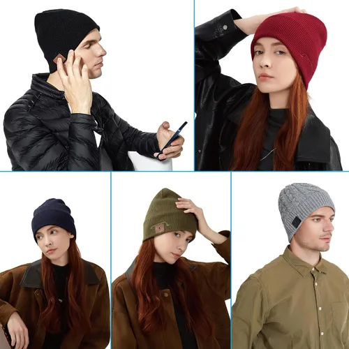 Vista 6 de Gorro de lana merino con Bluetooth, estéreo HD, 30 horas de tiempo de reproducción, micrófono integrado, regalo electrónico de Navidad