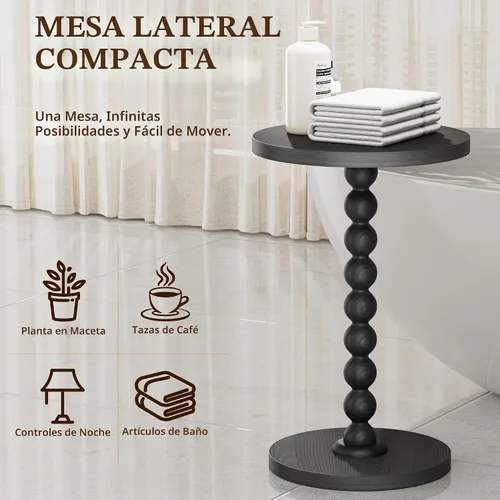 Vista 5 de Mesa auxiliar redonda, mesa de bebidas para espacios pequeños, mesita de noche moderna con patas de madera de goma para sala de estar, dormitorio