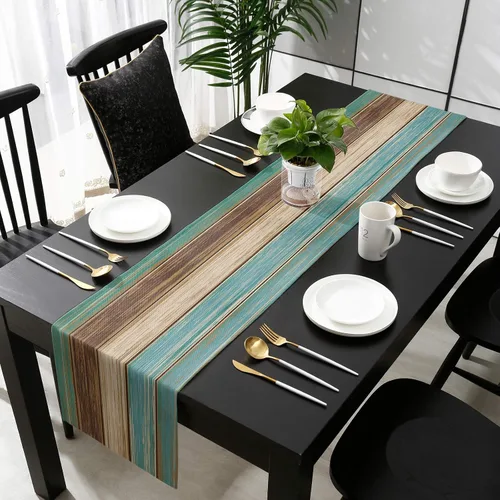 Vista 4 de Camino de mesa retro de lino y algodón geométrico, tapete rectangular para tocador, tablones de madera rústica, alfombra al aire libre para café