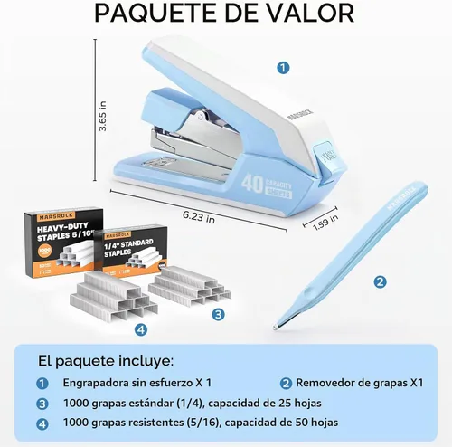 Vista 4 de Marsrock Grapadora resistente para escritorio con 40-50 hojas, 2000 grapas Azul
