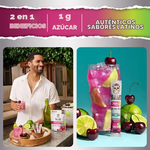 Vista 2 de Salud 2-en-1 Polvo para Bebida Energética + Enfoque, Sabor Cereza Lima, Cafeína Orgánica, B6 + B12, Teanina, Paquetes de Bebida Energética Limpia