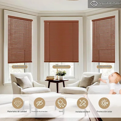 Vista 5 de Persianas de madera real de 2 pulgadas para ventanas de interior, persianas venecianas opacas de madera maciza, tamaño personalizado, color cereza