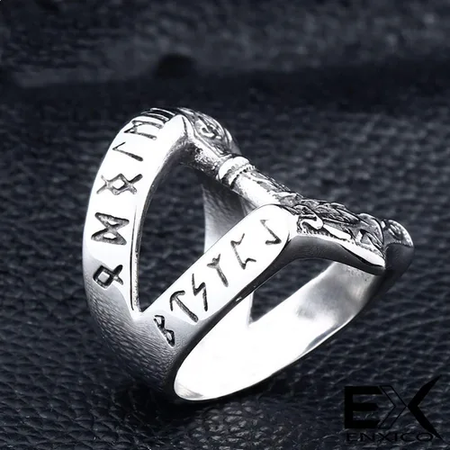 Vista 3 de Anillo de Mjolnir de martillo de Thor rúnico 316L de acero inoxidable nórdico escandinavo vikingo joyería