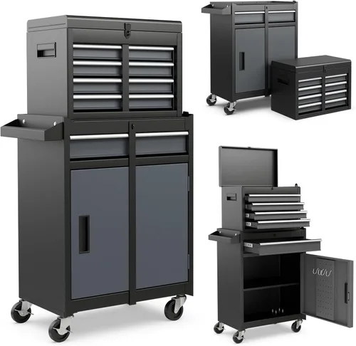 Vista 16 de Goplus Baúl de herramientas, gabinete de almacenamiento de herramientas con 5 cajones y ruedas, con parte superior desmontable, caja