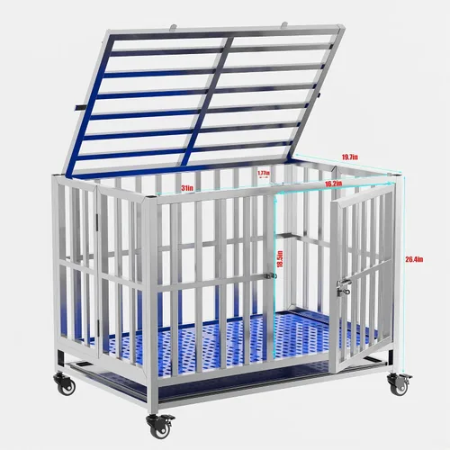 Vista 2 de Jaula plegable de acero inoxidable para perros, 30, 37, 42, 48 pulgadas, rueda con cerradura, con bandeja, apilable, resistente, divisor