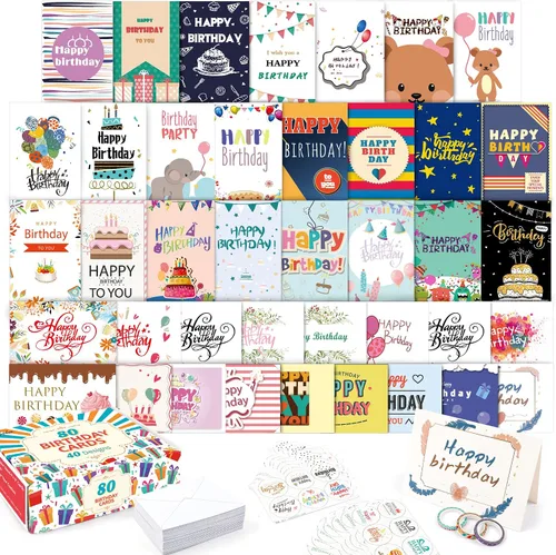Vista 8 de feela Tarjetas de cumpleaños a granel, paquete de 40 diseños de 40 diseños, caja surtida de tarjetas de feliz cumpleaños con 40 sobres en blanco, 48
