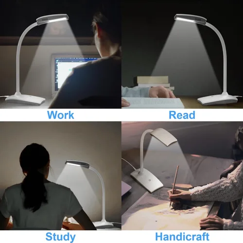 Vista 8 de Lámpara de escritorio LED de 3 brillos regulable para cuidado de los ojos, lámpara de mesa blanca flexible de cuello de cisne táctil, luz