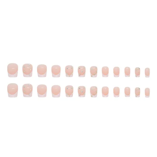 Vista 4 de 24 uñas postizas cortas, cuadradas, punta francesa blanca, pegamento, uñas postizas acrílicas con diseño de diamantes de imitación, uñas adhesivas