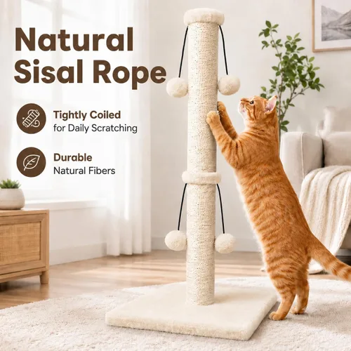 Vista 5 de Dimaka Poste rascador para gatos de 34 pulgadas, Poste rascador para gatos, Rascador para gatos grandes con pelota de juguete tentadora, Sisal Beige