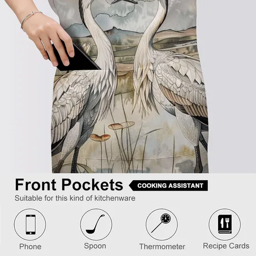 Vista 5 de MUSM Apron for Adults - 27.6 X 31.5 Inch, Heavy-Duty Polyester Aprons with Two Large Pockets, Waterproof Two Cranes Painting Kitchen Apron for