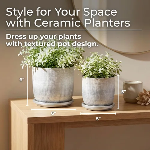 Vista 2 de Macetas de cerámica texturizada con platillo para decoración del hogar, macetas modernas y macetas para plantas de jardín, macetas elegantes