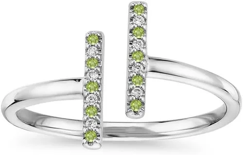 Vista 2 de Alternate Green Peridot & White Diamond Open T Bar Ring For Women, 14k Gold Finish Green Peridot Anniversary Open Bar Ring, Stackable Double Bar Ring