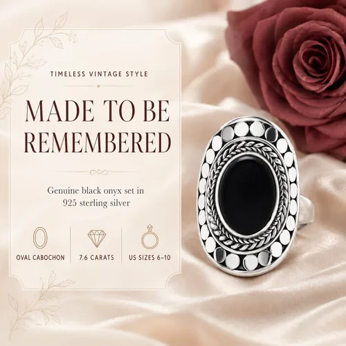Vista 7 de Black Onyx Oval Stone Vintage Ring 925 Sterling Silver US Size 6 7 8 9 10