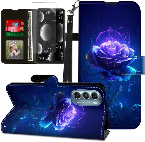 Vista 91 de Funda para Motorola Edge 2022 con protector de pantalla, soporte y tarjetero y correa para la muñeca, funda magnética para Moto Edge 2022 5G UW Lobo