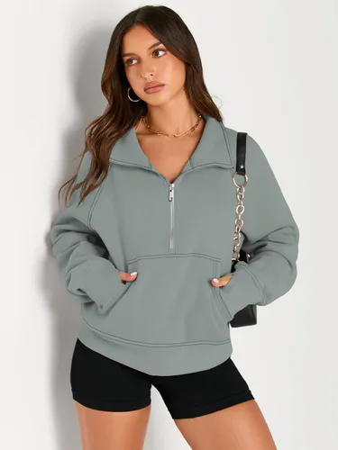 Vista 3 de AUTOMET Sudaderas con media cremallera para mujer, sudadera corta de vellón con cremallera de un cuarto, sudaderas con capucha para el otoño, a