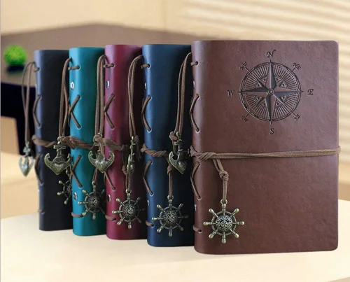 Vista 6 de Cuaderno de escritura de cuero, cuaderno de espiral náutico vintage, cuaderno de bocetos, diario de viaje para escribir con páginas en blanco y Negro