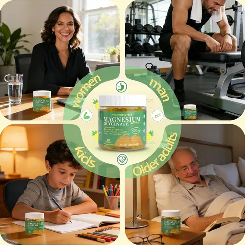 Vista 5 de Gomitas de glicinato de magnesio de 400 mg con Ashwagandha, CoQ10, zinc y vitamina C – Mujeres, hombres, adultos y niños mayores de 4 años – Gomitas