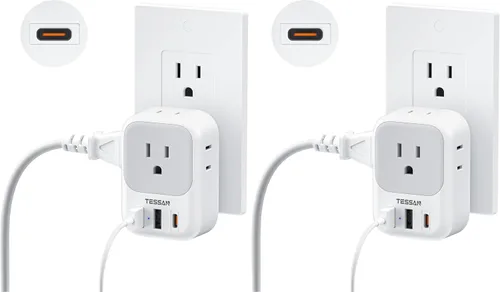 Vista 9 de TESSAN Bloque de cargador USB C 20W PD, adaptador de carga rápida con enchufe plegable Extensor de toma de corriente de 1875 W (4 CA y 4 USB)