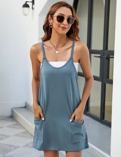 Vista 6 de Yidarer - Vestido corto deportivo de verano para mujer, sin mangas, con tirantes delgados, pantalones cortos incorporados, con cuello redondo