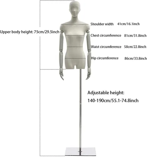 Vista 7 de Maniquí femenino Torso Exhibición de ropa Modelo Soporte de cuerpo 55.1-74.8 pulgadas, altura ajustable para vestido, joyería, costura ropa
