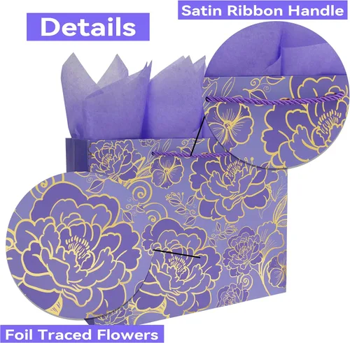 Vista 4 de Qirrmiy - Set de bolsa de regalo grande de 13" en color rosa púrpura con tarjeta de felicitación y papel de seda para mujeres o niñas para celebrar