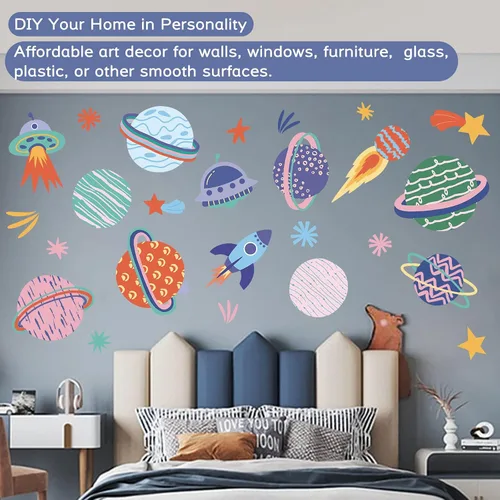 Vista 7 de Calcomanías de pared espaciales multicolor – Calcomanías de vinilo de cohete espacial planetas y estrellas – Sistema Solar extraíble Galaxy Star