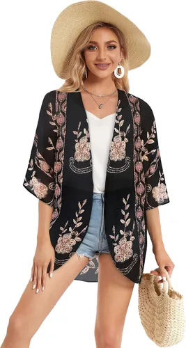 Vista 3 de Cárdigan tipo kimono para mujer, de manga abombada con estampado floral, casual