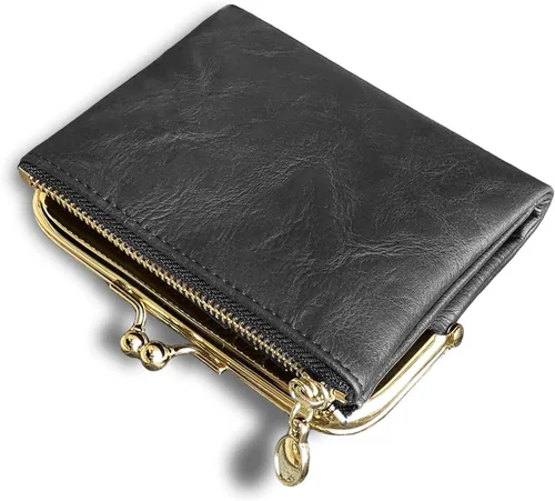 Vista 8 de AOXONEL Cartera para mujer, pequeña, Rfid, compacta, plegable, de piel, vintage, con cremallera y cierre de beso
