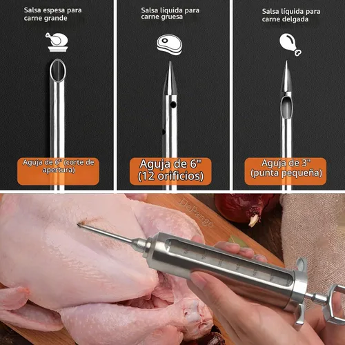 Vista 3 de DePango Inyector de carne, kit de jeringa de sabor de adobo de acero inoxidable con ventana de medición de 2 onzas para ahumadores, parrilla