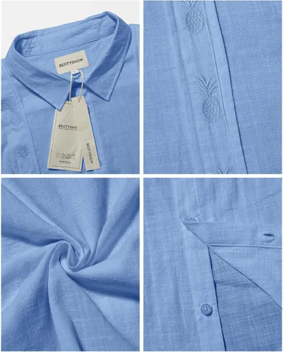 Vista 3 de Beotyshow Guayabera - Camisas de manga corta y larga bordadas de lino de piña con botones para hombre, camisas cubanas casuales de playa, 0-azul