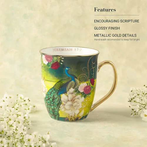 Vista 3 de Taza de café de cerámica azul pavo real de Christian Art Gifts con acentos dorados – Taza de 14 oz. libre de plomo y cadmio, taza inspiradora