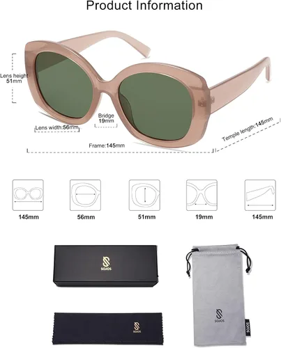 Vista 5 de SOJOS Gafas de sol redondas de moda para mujer, retro, de gran tamaño, cuadradas, elegantes, grandes, para mujer, SJ2212