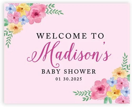 Vista 13 de Andaz Press Letrero de bienvenida personalizado de lona grande para baby shower, flores rosas rubor, 16 x 20 pulgadas, alternativa al libro