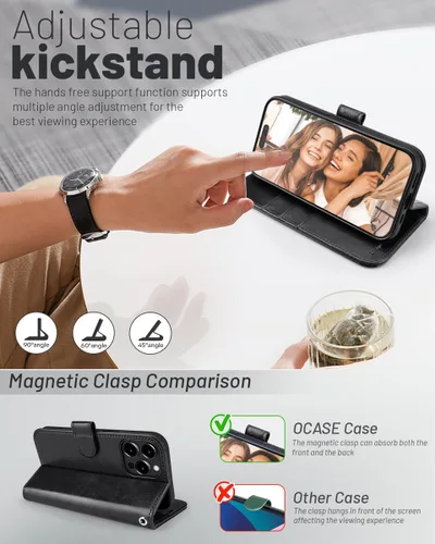 Vista 4 de OCASE Funda tipo cartera compatible con iPhone 15 Pro, de piel sintética, con tarjetero, bloqueo RFID, soporte para teléfono