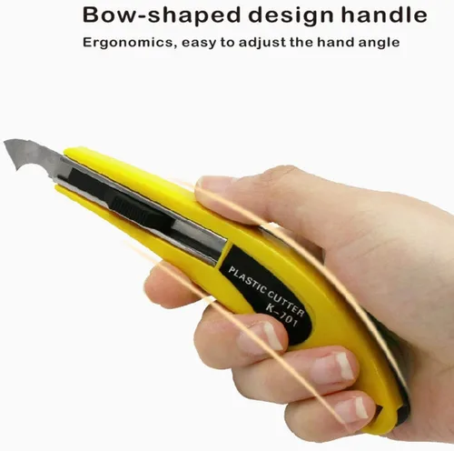 Vista 3 de Cuchillo profesional de corte de láminas de plexiglás acrílico, con un mango curvo, es más cómodo de usar. Un mango, 11 cuchillas. (Amarillo)