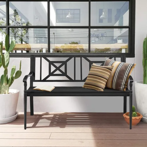 Vista 7 de S AFSTAR Banco de jardín al aire libre, asiento de metal para porche con asiento y respaldo decorativo, sofá biplaza para 2 personas para patio
