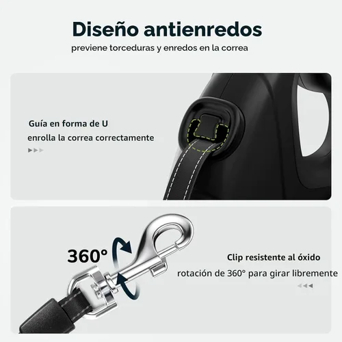 Vista 4 de Pecute Correa retráctil para perro de 32 pies con tiras reflectantes, sin enredos de 360°, control de un botón y material de nailon resistente