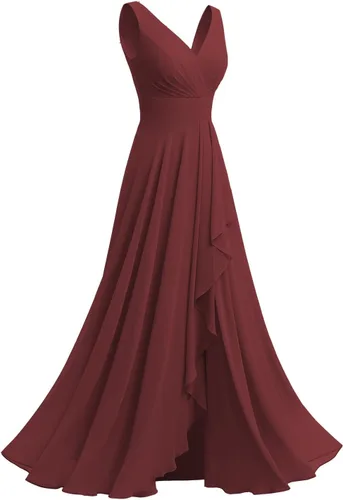 Vista 2 de Raseal Vestido de dama de honor de gasa con cuello en V con abertura plisado gasa volantes largo una línea formal vestido de fiesta para mujeres