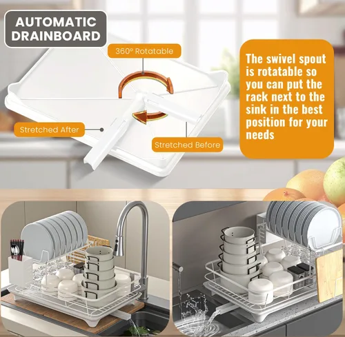 Vista 10 de Vergissm Escurridor de platos, escurridor de platos de drenaje automático para encimera de cocina, estante desmontable de gran capacidad