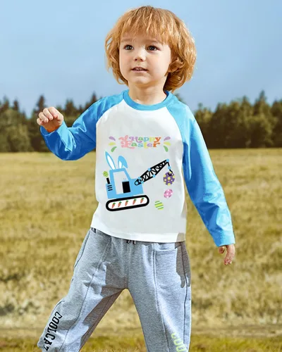 Vista 3 de DDSOL Camisetas del día de Pascua para niños pequeños y niñas, raglán, manga larga, conejo, monstruo, camión, grúa, dino tren, camiseta para niños