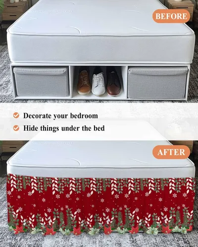 Vista 6 de Falda de cama de Pascua de Navidad, tamaño Queen de 16 pulgadas de caída, ajustable y elástica, plisada, con volantes de polvo de lujo para cama