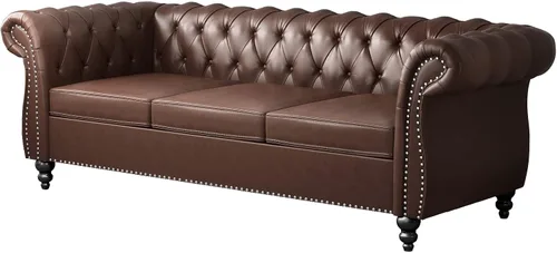 Vista 5 de ONCIN Chesterfield - Sofá de cuero para sala de estar, sofá de 3 plazas, sofá copetudo, piel sintética con brazos enrollados y cabeza de clavo