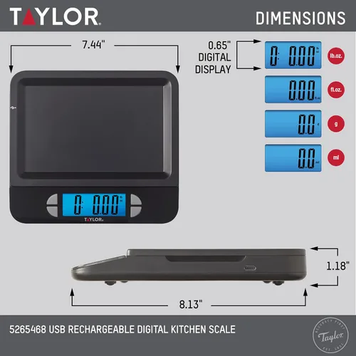 Vista 2 de Taylor Báscula digital recargable por USB para cocina y alimentos, capacidad de 11 libras con bandeja apta para lavavajillas, cable incluido