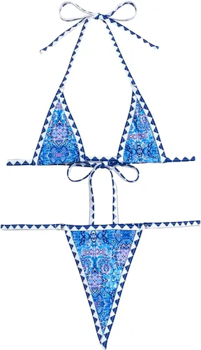 Vista 6 de WDIRARA Traje de baño de bikini sin espalda con estampado de nudo halter y ribete de contraste para mujer
