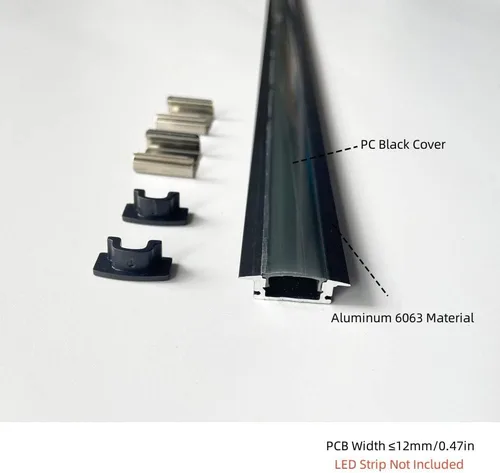 Vista 2 de Paquete de 6 canales de aluminio LED en forma de U de 3.3 pies con cubierta negra, tapas de extremo y clips de montaje, perfil de aluminio