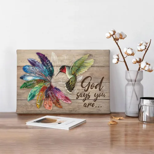 Vista 6 de Arte de pared de colibrí cristiano con texto en inglés "God says you ers", impresiones en lienzo, pintura rústica de pájaros de campo, obras de arte