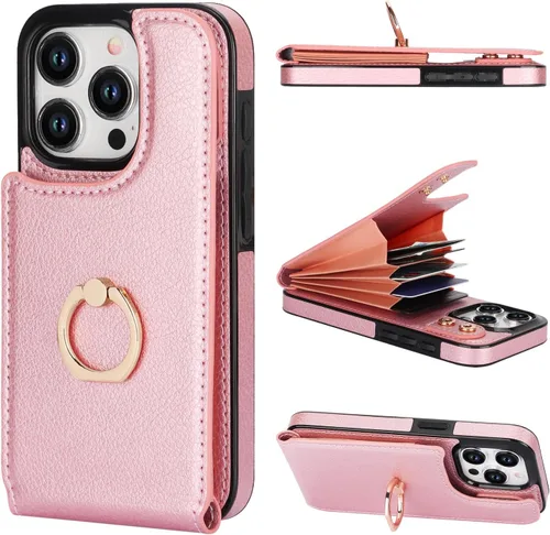 Vista 12 de Folosu Funda compatible con iPhone 15 Pro con soporte para tarjetas, rotación de 360°, soporte de anillo de dedo con función atril, bloqueo RFID