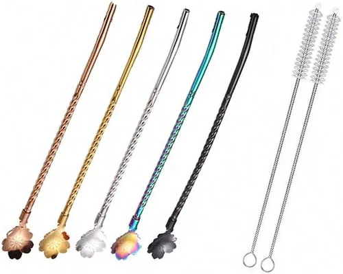 Vista 13 de 7 popotes de metal para beber con 2 cepillos de limpieza de 8.5 pulgadas, cuchara de barra reutilizable para café helado, bebida congelada, batidos
