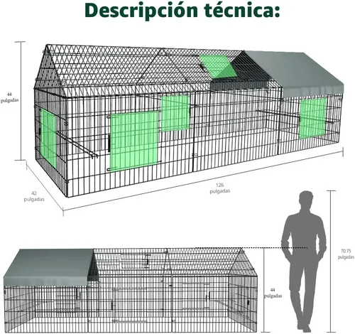 Vista 5 de PawGiant Gallinero Corral para Pollos para Patio con Cubierta 130"×40"×40" Tractor de Pollos Portátil de Metal Exterior Jaula Recinto Caja Afuera